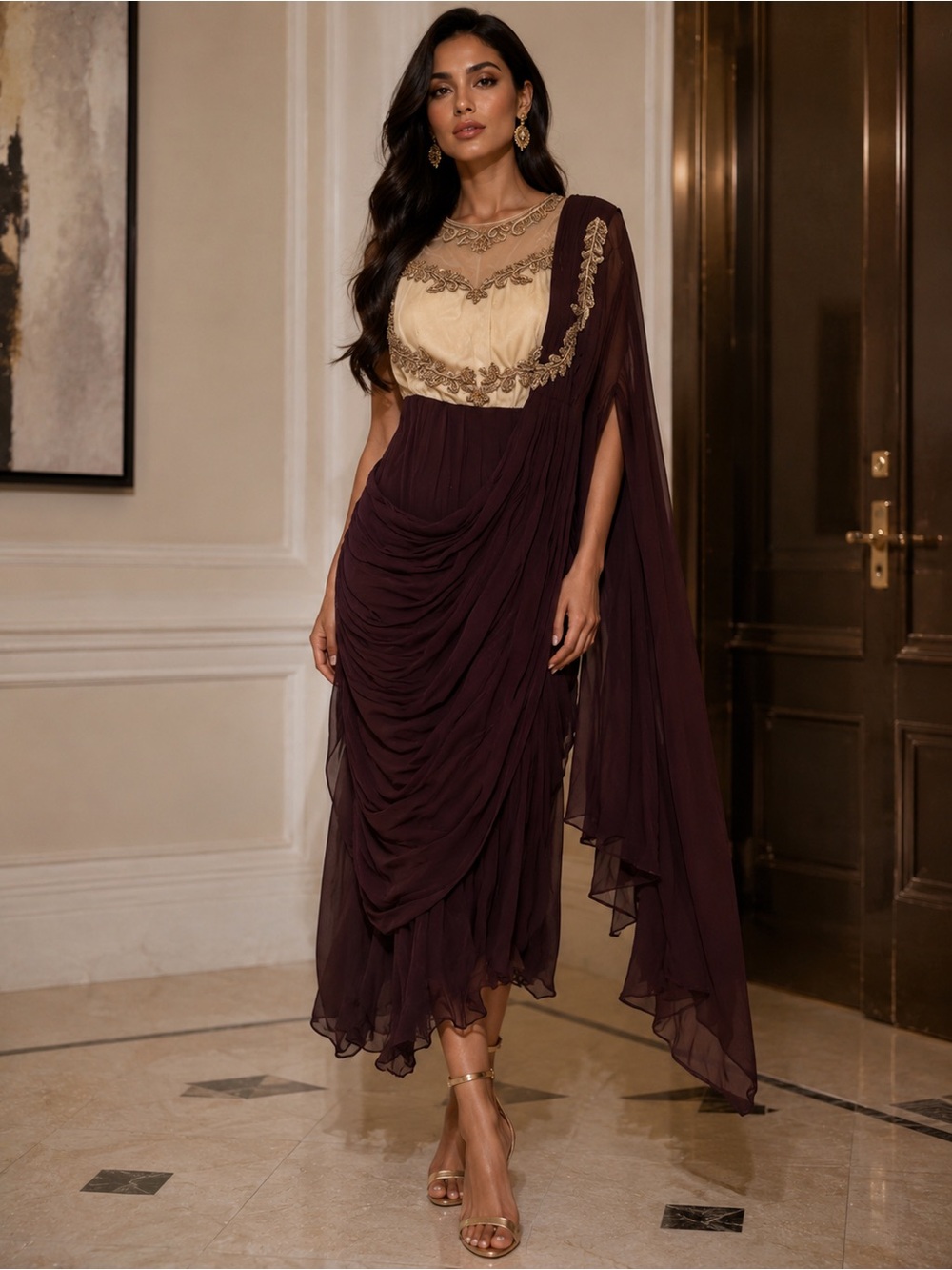 Indian (Grecian inspired) Elegant Brown & Cream Draped Evening Dress